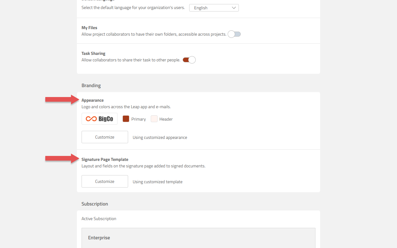 The Branding section of the Organization page