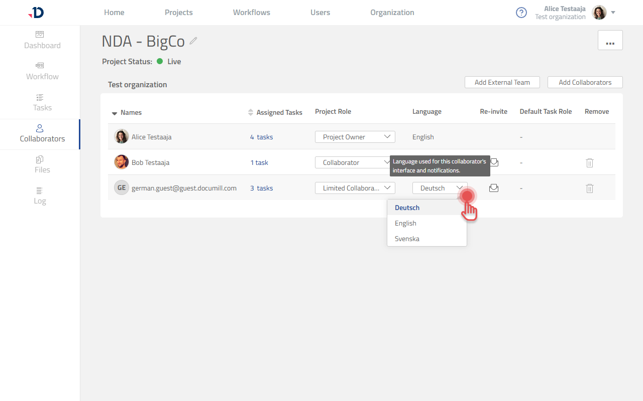 Choosing a language for a guest collaborator in the Collaborators tab