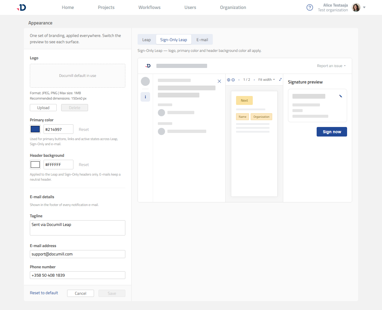 Appearance editor with the Sign-Only Leap preview tab selected