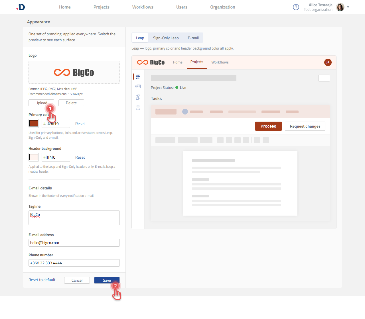 Uploading a logo in the Appearance editor