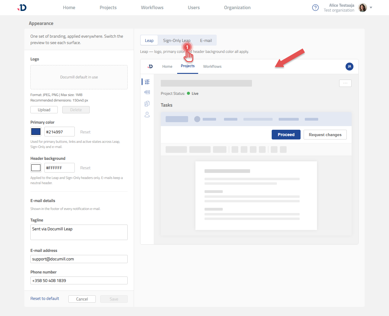 Appearance editor with the Leap preview tab selected
