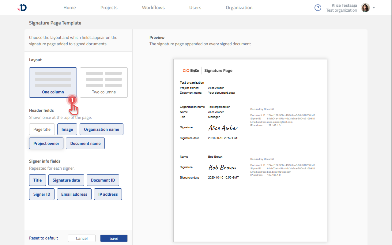 The Signature Page Template editor