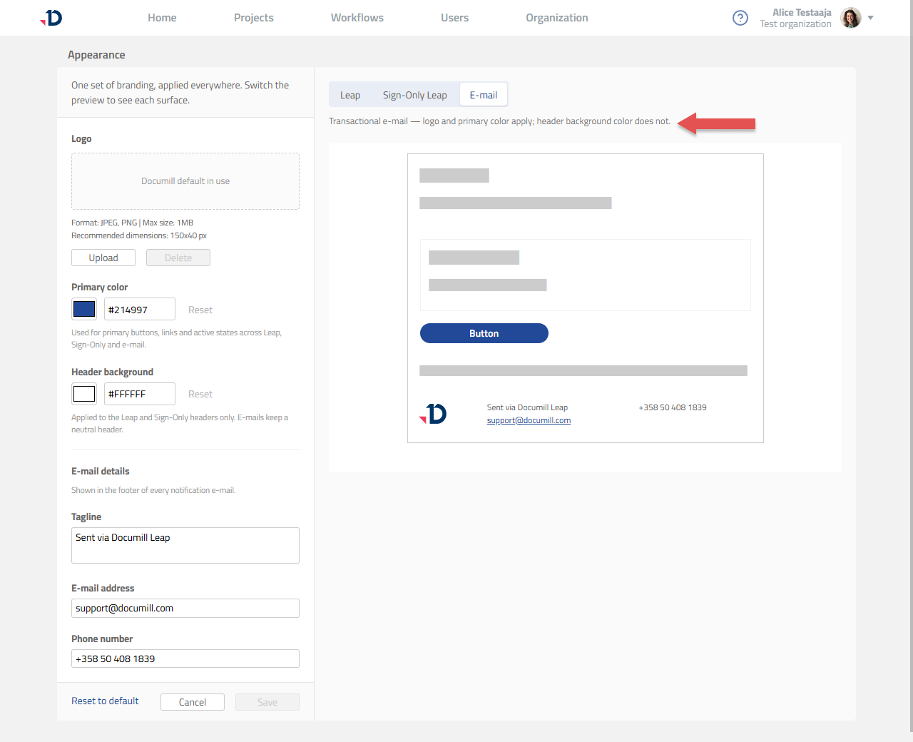 Appearance editor with the E-mail preview tab selected